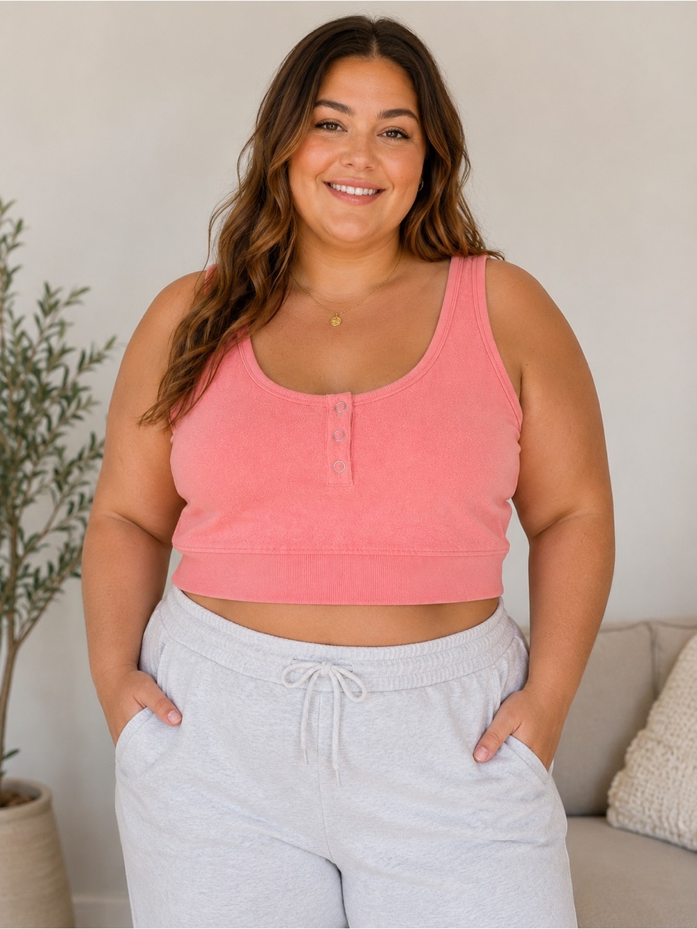 aerie Coral Pink Cropped Tank Henley